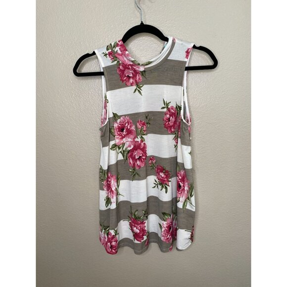P S Kate Tank Top Womans Medium White with Floral and Stripes Polyester‎ Spandex - Picture 2 of 6